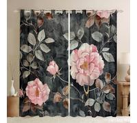 Homemissing Floral Curtains Pink Flowers Window Curtains for Bedroom Living Room for Kids Boys Girls Botanical Leaf Plants Window Drapes Vintage Pink Black 30%-50% Blackout Curtains, W46*L54,2 Panels