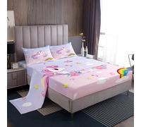 Homemissing Floral Printed Unicorn Bed Sheets Set Double Size For Kids Boys Girls Teens Magic Unicorn Bedding Set Cute Animal Print Sheet with Deep Pocket Fitted Sheet+2 Pillowcases