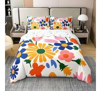 Homemissing Flower Bedding Set Groovy Flower Comforter Cover Set King Size Retro Floral Boho 100% Cotton Duvet Cover Bedroom Decor 70S Hippie Flowers Bedspread Cover Bedding Collection 3Pcs
