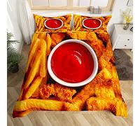 Homemissing Food Chicken Bedding Set French Fries Comforter Cover Bedding Set for Kids Toddler Fried Chicken Duvet Cover Tomato Sauce 3D Food Bedspread Cover Decor Bedclothes Single