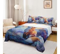 Homemissing Fox Silhouette Bed Sheets Set King Size Dreamy Art Bed Set Abstract Watercolor Deep Pocket Fitted Sheet Nature Wildlife Breathable Soft Lightweight Animals