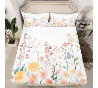 Homemissing Garden Flower Fitted Sheet with 1 Pillowcase Single Size Botanical Floral Printed Bed Sheets Set 16" Deep Pocket Boys Girls Daisy Nature Theme Bedding Teens Bedroom Decor Soft