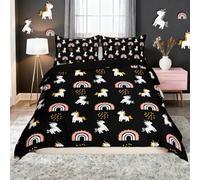 Homemissing Girl Unicorn Duvet Cover Set King Size Children Kawaii Rainbow Bedding Set Floral Flower Duvet Cover with 2 Pillowcases Rainbow Black