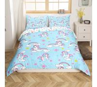 Homemissing Girl Unicorn Duvet Cover Set Single Size Princess Rainbow Bedding Set Floral Flower Kawaii Duvet Cover with 1 Pillowcase Rainbow Blue