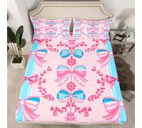 Homemissing Girls Bow Fitted Sheet Double Size Cute Bowknot Bedding Set for Kids Boys Girls Decor Microfiber Bow Pearl Bed Cover with 2 Pillowcases,No Flat Sheet