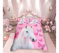Homemissing Girls' Horse Duvet Cover Set Single Size Pink White Horse Printed Bedding Set Butterfly Flower Duvet Cover with 1 Pillowcase Children'S Women'S Animal Theme