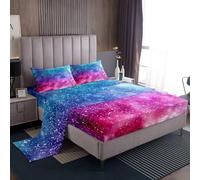 Homemissing Glitter Galaxy Bed Sheets Set King Size Tie Dye Rainbow Bed Set Colorful Deep Pocket Fitted Sheet Lovely Rainbows Breathable Soft Lightweight Microfiber Space Outer Sky