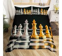 Homemissing Golden and Silver International Chess Bedding Set for Girls Boys Board Game Comforter Cover King and Knight Duvet Cover Geometric Checkerboard Bedspread Cover Single Size Decor 2Pcs