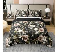 Homemissing Goth Skull Duvet Cover 100% Cotton Gothic Bedding Set for Kids Boys Girls Teens Room Decor Sugar Skull Rose Floral Blossom Botanical Halloween Comforter Cover Double Size Soft 3Pcs