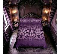 Homemissing Gothic Damask Print Duvet Cover Set King Size Purple Goth Bat Victorian Floral Bedding Set for Boys Girls Boho Bohemian Exotic Duvet Cover with 2 Pillowcases Bedroom Decor