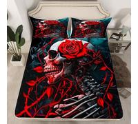 Homemissing Gothic Fitted Sheet Double Kids Goth Skull Bedding for Boys Girls Teens Skeleton Happy Halloween Spooky Red Rose Floral Bed Sheets Set 16" Deep Pocket Breathable Soft Room Decor 3Pcs
