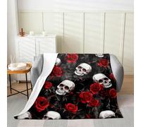 Homemissing Gothic Fleece Throw Blanket Goth Skull Flannel Blanket Plush Fuzzy for Kids Boys Girls Teens Room Decor Skeletonl Bones Halloween Red Rose Floral for Bed Chair Living Room Throw 40x50Inch