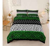 Homemissing Green Damask Pattern Duvet Cover Double Size Leopard Cheetah Print Bedding Set for Boys Girls Polka Dots Patchwork Comforter Cover Bedroom Decor 3Pcs With 2 Pillowcases