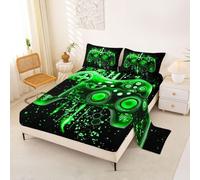 Homemissing Green Game Consoles Boys Bed Sheets Set Double Size Honeycomb Gaming Deep Pocket Fitted Sheet Cool Gamer Bedding Sets Soft Bedroom Decor 4Pcs with 2 Pillow Cases