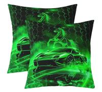 Homemissing Green Honeycomb Race Car Cushion Covers Set of 2 40x40cm Horse Racing Car Throw Pillow Covers for Bed Sofa Couch Smoggy Galloping Horse Decor Pillowcase Extreme Sports Cushion Case
