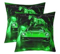 Homemissing Green Horse Race Car Cushion Covers Set of 2 40x40cm Smoggy Racing Car Throw Pillow Covers for Bed Sofa Couch Galloping Horse Decor Pillowcase Extreme Sports Cushion Case