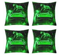 Homemissing Green Horse Race Car Cushion Covers Set of 4 40x40cm Smoggy Racing Car Throw Pillow Covers for Bed Sofa Couch Galloping Horse Decor Pillowcase Extreme Sports Cushion Case