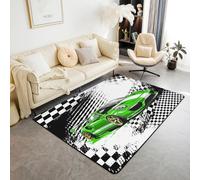 Homemissing Green Race Car Area Rug 100 * 150cm for Kids Boys Girls Checkerboard Racing Flag Comforter Cover Cartoon Living Room Rugs for Bedroom Decor Carpet Polyester Soft