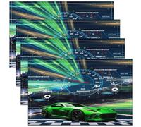 Homemissing Green Racing Car Placemats Set of 4 Kids Sports Car Placemat for Kitchen Dining Table 45X30cm for Boys Girls Teens Automobile Extreme Sport Plaid Checkered Indoor Outdoor Decor Table Mats