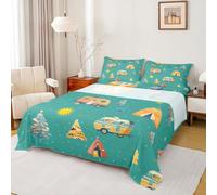 Homemissing Green RV Camping Camper Bed Sheets Set King Size Adventure Camper Deep Pocket Fitted Sheet Happy Camping Bedding Sets Soft Bed Set 4Pcs with 2 Pillow Cases