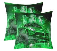 Homemissing Green Smoggy Racing Car Cushion Covers Set of 2 40x40cm Cool Horse Race Car Throw Pillow Covers for Bed Sofa Couch Galloping Horse Decor Pillowcase Extreme Sports Cushion Case