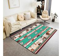 Homemissing Green Southwestern Aztec Decor Carpet 100x150cm Geometric Living Room Rugs for Bedroom for Children Cow Fur Printed Western Cowboy Rustic Tribal Area Rug Room Decor Indoor Floor Mat