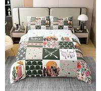 Homemissing Green Western Aztec Bedding Set for Girls Boys Kids King Size Bull Skull Comforter Cover Wild Cowgirl Boots Southwestern Boho Rustic Floral Duvet Cover 100% Cotton Soft 3Pcs