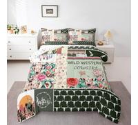 Homemissing Green Western Aztec Bedding Set Wild Cowgirl Boots Comforter Set for Kids Boys Girls Teens Room Decor Bull Skull Floral Southwestern Rustic Duvet Quilt Double Size Breathable Soft 3Pcs