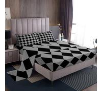 Homemissing Grey and Black Checkered Bed Sheets Set Double Size For Kids Boys Girls Diamond Grid Bedroom Decor Groovy Geometric 4Pcs with 1 Pillowcase Neutral Aesthetic Plaid Bedding