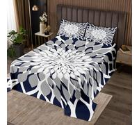Homemissing Grey Navy Blue Flower Bedspread King Size Bohemian Style Exotic Floral Decorative Quilted Coverlet Boys Girls Modern Striped Art Coverlet Set Luxury Quilted