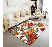 Homemissing Groovy Flower Area Rug 100 * 150cm Retro Floral Boho Living Room Rugs for Bedroom 70S Hippie Groovy Flowers Bohemian Decor Carpet Psychedelic Floral Indoor Floor Mat White Red Non-slip