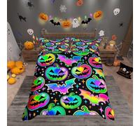 Homemissing Halloween Bedding Set Single Size Glitter Pumpkin Lantern Duvet Cover Set Vintage Halloween Decor Fluorescence Bat Duvet Cover Horror Theme Bedclothes Quilt Cover(No Comforter)
