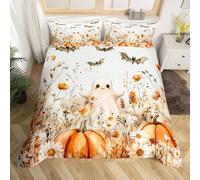 Homemissing Halloween Bedding Set Super King Size Cute Ghosts Pumpkin Comforter Cover for Boys Girls Teens Botanical Floral Bats Duvet Cover White Orange Breathable Soft Lightweight Microfiber