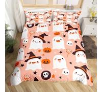 Homemissing Halloween Bedding Set Super King Size Kids Pumpkin Cute Ghosts Comforter Cover for Boys Girls Teens Bats Witch Hats Duvet Cover Beige Pink Breathable Soft Lightweight Microfiber