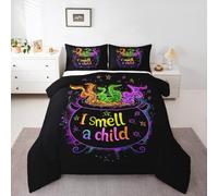 Homemissing Halloween Decor Bedding Set Soft for Boys Girls, Happy Halloween Comforter Set Single Size Witch Duvet Quilt Microfiber Purple Black Bedroom Decor 2 Pcs with 1 Pillow Cases