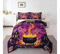 Homemissing Halloween Decor Comforter Set King Size Happy Halloween Bedding Set for Kids Boys Girls Witch Duvet Quilt Purple Bedroom Decor Microfiber 3 Pcs with 2 Pillow Cases