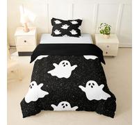 Homemissing Halloween Duvet Cover Single Size Boys Girls Cute Ghosts Bedding Set Breathable Soft Horror Theme Comforter Cover 2Pcs Black White Bedroom Decor Microfiber Zipper Closure