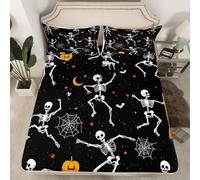 Homemissing Halloween Gothic Fitted Sheet Double Goth Sugar Skull Bedding for Kids Dancing Skeleton Bones Horror Cobweb Bed Sheets Set 16" Deep Pocket Room Decor With 2 Pillow Case All Season 3Pcs