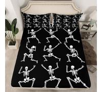 Homemissing Halloween Gothic Fitted Sheet King Goth Sugar Skull Bedding for Kids Dancing Skeleton Bones Funny Horror Theme Bed Sheets Set 16" Deep Pocket Room Decor With 2 Pillow Case 3Pcs