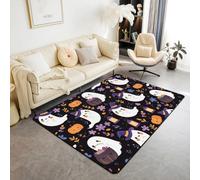 Homemissing Halloween Living Room Rugs for Bedroom Area Rug 100 * 150cm Kids Botanical Floral Decor Carpet for Boys Girls Teens Cute Ghosts Indoor Floor Mat Earth Black Non-slip Soft