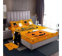 Homemissing Halloween Theme Bed Sheets Sets Single Size Kids Boys Girls Cute Ghost Bedding Set Pumpkin Lantern Bed Sheet Set with 16-Inch Deep Pockets Black Cat 3Pcs with 1 Pillow Cases