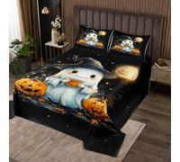 Homemissing Halloween Theme Bedspread Double Size Kids Cute Ghost Coverlet Set for Boys Girls Pumpkin Lantern Maple Leaf Autumn Fall Quilted Coverlet Room Decor