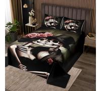 Homemissing Halloween Theme Bedspread King Size Kids Couple Gothic Sugar Skull Skeleton Coverlet Set for Boys Girls Pink Rose Flower Floral Quilted Coverlet Room Decor