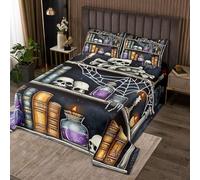 Homemissing Halloween Theme Bedspread King Size Kids Gothic Sugar Skull Skeleton Coverlet Set for Boys Girls Bookshelf Scary Science Chemistry Spider Web Quilted Coverlet Room Decor