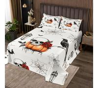 Homemissing Halloween Theme Bedspread King Size Kids Sugar Skull Pumpkin Red Rose Bat Spider Web Print Coverlet Set for Boys Girls Black Raven Crow Pattern Quilted Coverlet Room Decor