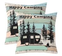 Homemissing Happy Camping Throw Pillow Covers Set of 2 Camper Wooden Cushion Covers Cartoon Camping Car Pillow Case for Couch Sofa Black Green Cushion Case Kids Boys Girls Bedroom Decor 40x40cm