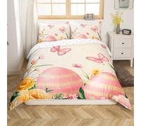 Homemissing Happy Easter Duvet Cover Set Double Size Easter Decoration Room Decor Little Rabbit Rabbit Comforter Cover for Children Girls Boys Cute Animal Bedding Set Dreamy Pink