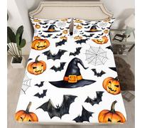 Homemissing Happy Halloween Bed Sheets Set 16" Deep Pocket Pumpkin Fitted Sheet for Kids Boys Girls Teens Room Decor Fall Pumpkin Lantern Bat Cobweb Magic Hat Bedding Single Breathable Soft 2Pcs