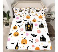 Homemissing Happy Halloween Bedding Double Spooky Castle Fitted Sheet for Boys Girls Children Pumpkin Lantern Bat Candy Horror Theme Orange Bed Sheets Set 16" Deep Pocket Room Decor All Season 3Pcs