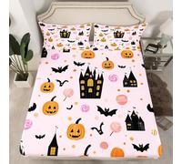 Homemissing Happy Halloween Bedding King Spooky Castle Fitted Sheet for Boys Girls Children Pumpkin Lantern Bat Candy Horror Theme Pink Bed Sheets Set 16" Deep Pocket Room Decor All Season 3Pcs